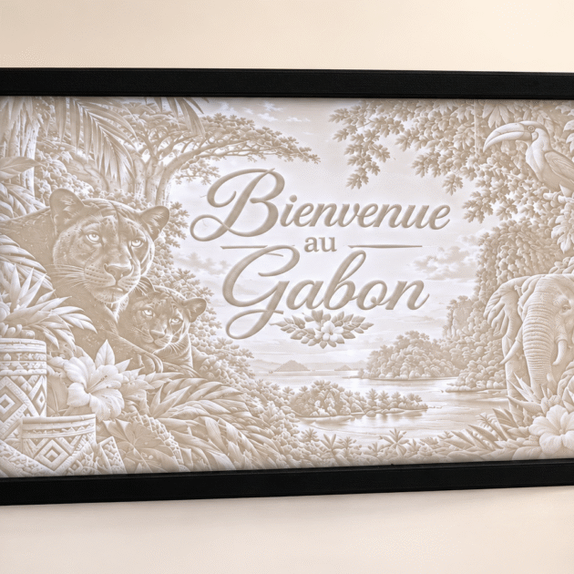 Illuminated Bienvenue au Gabon lithophane in a black frame