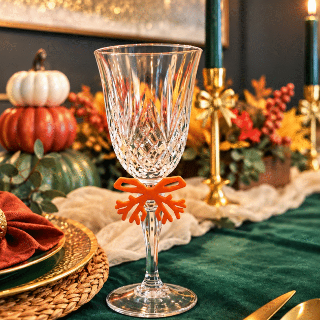 Crystal stemmed glass with an orange bow clip on the Evergreen Thanksgiving table