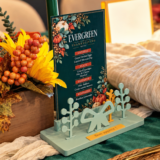 Light green decorative menu holder with a Bon appétit ! plaque on the Evergreen Thanksgiving table