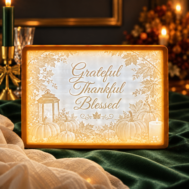 Front view of the Grateful, Thankful, Blessed Thanksgiving lithophane in a gold frame