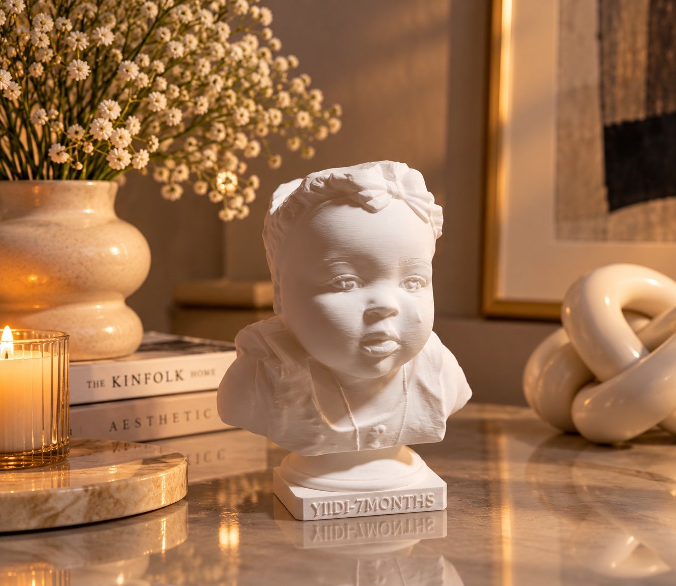 White portrait statue with a bow and personalized base, displayed beside a candle and flowers